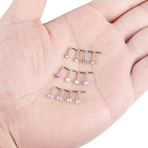 Cisyozi 18G 20G 22G Nose Rings Studs Surgical Steel Nose Stud Set 1.5mm 2mm 2.5mm 3mm Diamond Cubic Zirconia Opal Screw L Shaped Straight Nose Piercing Jewelry for Women Men - color: A:22G-L Shaped -1.5mm
