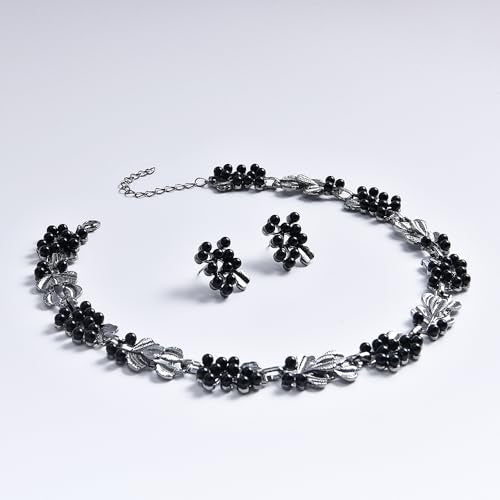 Fashion Bride Silver Gold Plated Black 1920s Leaf Faux Pearls Necklace Earrings Set Wedding Jewelry Set Sparkly Choker Necklace Stud Earrings Set for Women Christmas Gift Set for Women Necklace and Earrings - color: Black