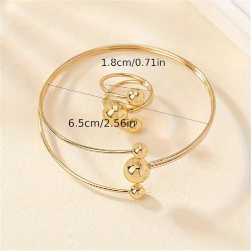 Minimalist Round Ball Bracelet Rings Set for Women Gold-Tone Trendy Simple Open Adjustable Statement Wrap Finger Ring Comfort Fit Fashion Geometric Cuff Stretch Bangle Unique Charm Jewelry