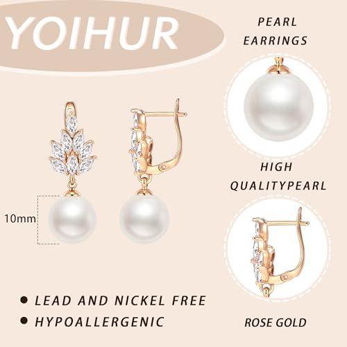 YOIHUR Drop Dangle Pearl Earrings for Women, Dainty 14K Gold Plated Pearl Hoop Earrings Hypoallergenic Wedding Pearls Dangle Earrings Jewelry Gift for Women Bridal - color: Gold-Exquisite Zircon Pearl Earrings