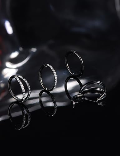 Dochais 4PCS 18G Nose Rings Hoops, Surgical Steel Earrings Tragus Septum Piercing CZ Clicker Ring, Hinged Segment Conch Lip Cartilage Double Hoops 8mm 10mm for Women Men - color: Black, size: 18G(1.0mm),8mm