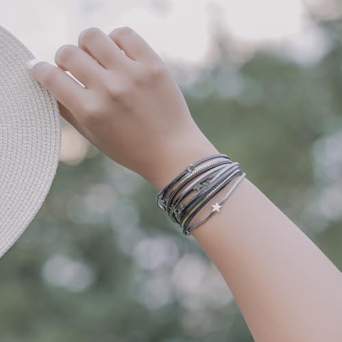 Boho Cute Star Leather Wrap Bracelets Stackable Western Chunky Jewelry | Bohemian Statement Layered Stack Magnetic Clasp Cuff Bangle Fashion Festival Hippie Cowgirl Country Outfits for Women Trendy - color: Black
