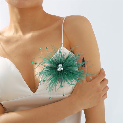 Elegant Feather Flower Pearl Cz Large Brooch Pin for Women Men Rhinestone Crystal Floral Lapel Pins Wedding Party Banquet Dress Suit Clothes Accessories Fashion Jewelry 180mm - color: Green