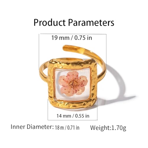 Hebelee Handmade Dried Flower Statement Ring for Women | Gold-Toned Stainless Steel,Adjustable,Pressed Blossom Forget-Me-Not Flowers Open Band Rings,Wedding Holiday Jewelry - color: Square Pink