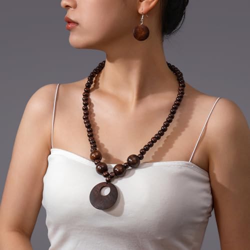 Soyzvteo Boho Wooden Beaded Necklace Earring Set Chunky Statement Costume Jewelry Retro Ethnic Accessories for Women - color: Brown