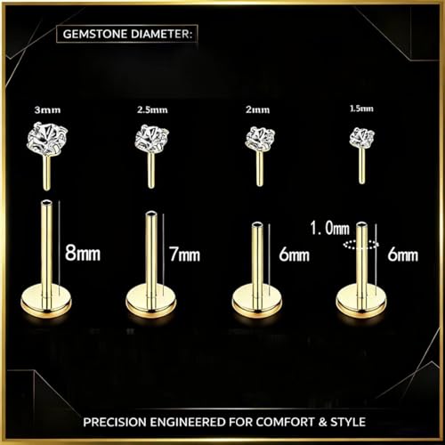 16G 18G 20G Hypoallergenic Threadless Flat Back Nose Studs Women | Medical Steel, CZ 1.5-3mm, Nostril Tragus Helix Piercing, A Secure Fit And Everyday Wear For Sensitive Skin - color: Gold-A