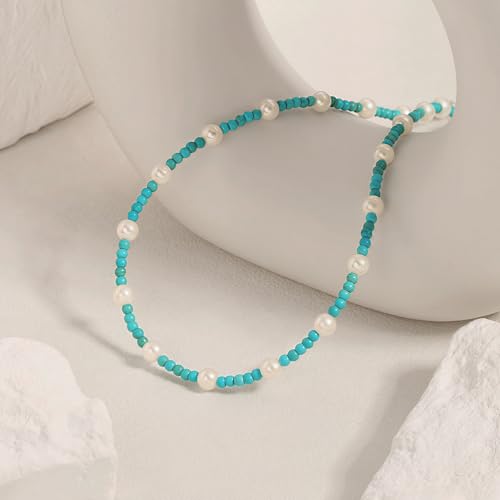 Aobei Pearl 18K Gold Plated Paperclip Chain Choker Satellite Chain Freshwater Cultured Biwa Pearl Pendant Necklace Dainty Turquoise Jewelry for Women - color: Green-blue Turquoise White Pearl