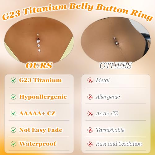 14G G23 Titanium Dangle Belly Button Ring for Women Dangling Navel Rings Hypoallergenic Teardrop Shiny CZ Belly Ring Internally Threaded Navel Piercing Jewelry - color: Gold