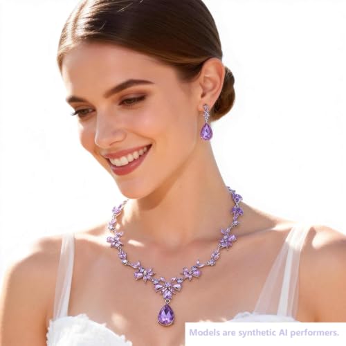 Kamirola Bridal Jewelry Set, Jewelry Set for Women, Necklace Dangle Earrings Bracelet Set, White Gold Plated (TR76) - color: Silver Purple