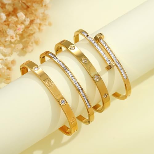 Gold Bangles for Women, 4 Pcs 18K Gold Plated Stainless Steel Stackable Bangle Bracelets, Non Tarnish CZ Bangles Set, Trendy Jewelry Gifts for Women - color: Gold-2
