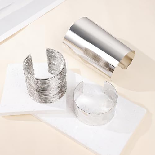 3PCS Chunky Cuff Bracelets for Women Irregular Minimalist Statement Bangle Bracelets Set Open Wide Wire Grooved Hammered Bangle Bracelet Gold Sliver Wrist Cuff Wrap Bracelet Adjustable - color: Silver Cuff Bracelets B
