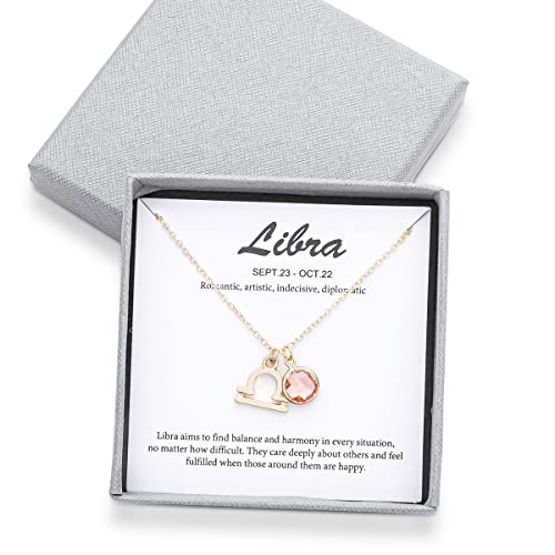 14k Gold Plated Zodiac Birthstone Crystal Pendant Necklace, Horoscope Sign Charm Necklace for Women Birthday Gift - color: Libra-Oct.