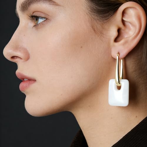 Multicolor Acrylic Dangle Hoop Earrings for Women, 2-Way Detachable Geometric Statement Earrings, Lightweight Fashion Jewelry Gifts - color: White