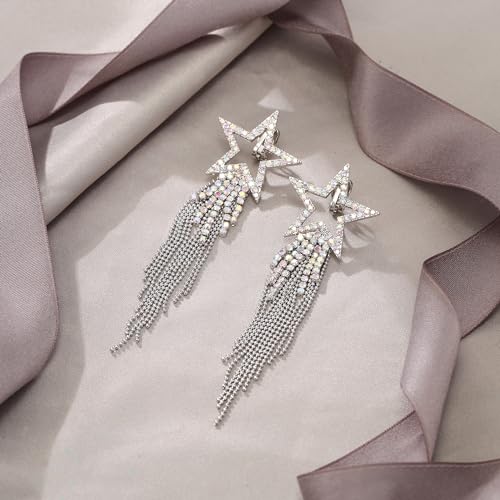 EVER FAITH Crystal Long Waterfall Star Tassel Clip-on Earrings for Women | Rhinestone Beaded Fringe Chandelier Dangle Statement Earring, Wedding Party Jewelry - color: Iridescent AB Silver-Tone