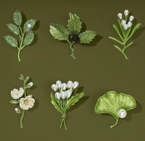 8 Pcs Green Botanical Flower Lapel Pins, Men's and Women's Simple Botanical Leaf Faux Pearl Alloy Brooch, Suit Dress Cheongsam Backpack Hat Accessories