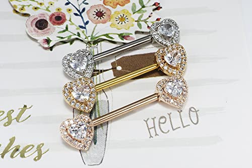 HQLA 14G Dainty CZ Love Heart Nipple Rings Tongue Ring Surgical Steel Nipple rings Piercing Women Barbells 2Pcs 25/8"(16mm) - style: Gold Tone