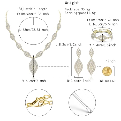 Flyonce Wedding Jewelry Set Rhinestone Crystal Bridal Leaf Necklace Drop Dangle Chandelier Earrings Sets for Women - color: Clear Gold-Tone
