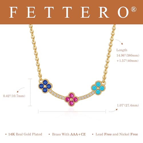 Fettero Dainty 14K Gold Plated Cubic Zirconia Necklaces for Women, Simple Bar Pendant Necklace, Mix-color Rainbow Jewelry Gold Necklace for Women Trendy Gifts - style: Clover