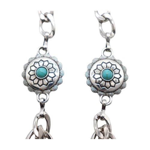 TrendyFashionJewelry Women’s Turquoise Concho Boot Chains – 2 Pcs Pair, Silver Double-Layer Boot Anklet Bracelets, Adjustable 11–15 in, Western Cowgirl Flower Charm, Handmade in USA BC25