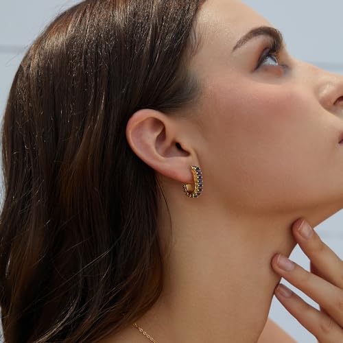 Green Crystal huggie gold hoop earrings for women Girls,14K Gold Plated with 925 Sterling Silver Post color Cubic Zirconia dainty cute Earrings| CZ Stud Earring - color: Blue stone