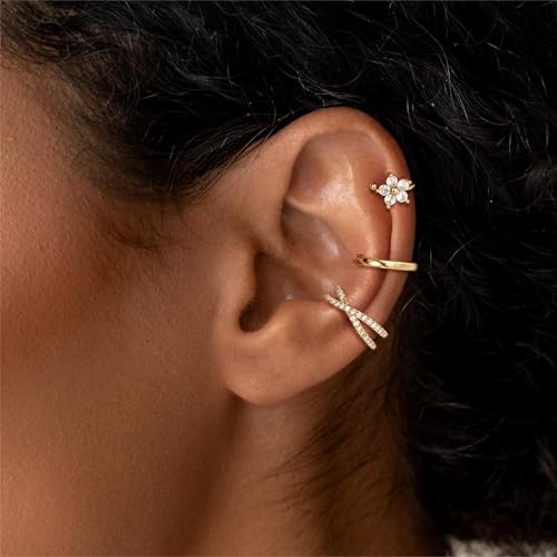 14K Gold Plated Ear Cuff Earrings for Women, Dainty Ear Cuffs Clip on Earrings Non Piercing Trendy Cubic Zirconia Cartilage Hoop Earring Fashion Jewelry Sets for Women - color: 3PCS/5 Flower