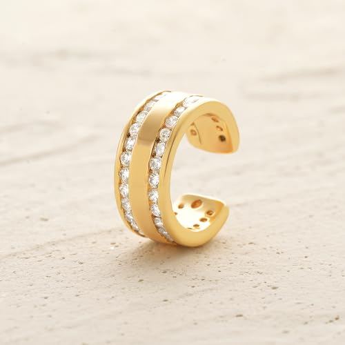 Women Ear Cuff Earring Gold Non Pierced Ear Cartilage Clip on Wrap Hoop 14K Gold Filled Tiny Boho Beach Simple Minimalist Delicate Handmade Hypoallergenic Jewelry Gift-Sold as Single/Pair - style: Band 2 Row CZ