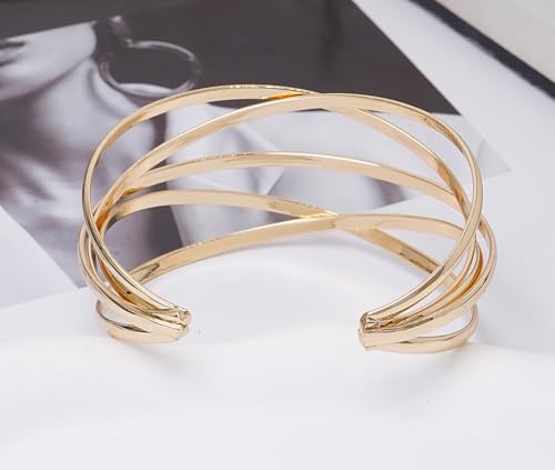 Multi-Layer Cuff Bracelet for Women Cross Wire Bracelets Open Wide Cuff Gold Bangle Bracelet - color: Gold 1