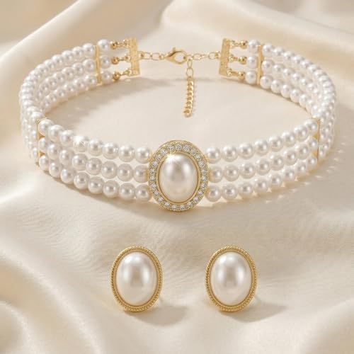 Ymapinc Big Pearl Choker Necklace and Earring Set for Women, Vintage Faux Pearl Jewelry Set, Bride Wedding Prom Party Costume Accessories, Elegant Classic Pearls Choker Gift