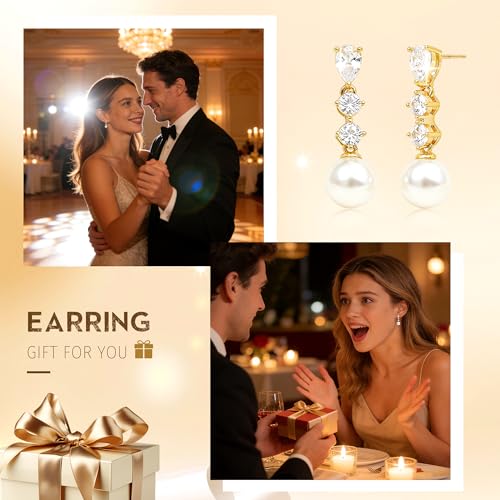 Sonateomber Gold Silver Pearl Rhinestone Dangle Earrings for Women, Elegant CZ Leaf Butterfly Bridal Earings Prom Wedding Fashion Jewelry Gift - color: Teardrop Pearl