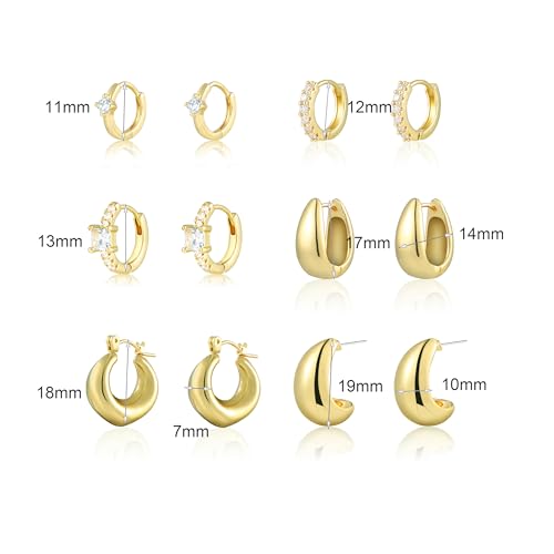 6 Pairs Gold Hoop Earrings for Women, 14K Gold Plated Huggie Hoop Earrings Set Hypoallergenic Lightweight Chunky Open Hoops Jewelry for Gift - color: Gold Earrings