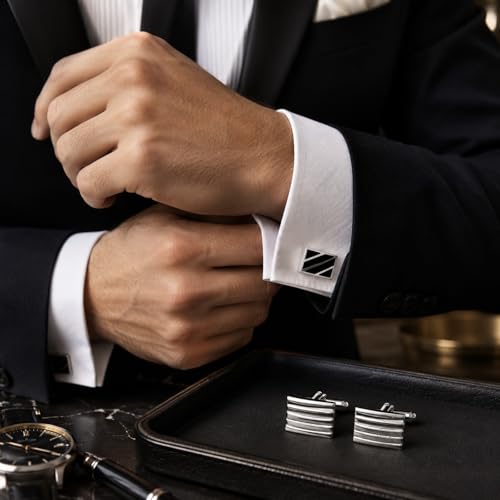 LUOZZY 2pair French Cufflinks for Men Luxury Silver Plated Rectangle Shirt Studs Classic Black Enamel Diagonal Stripes Business Tuxedo Suit Accessories Modern Grooved Line Set