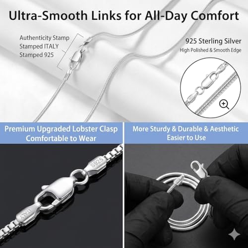 925 Sterling Silver Italian Snake Chain Necklace - Secure Lobster Clasp, Perfect for Layering - Durable Necklace & Bracelet Chains for Everyday & Special Occasions - size: 20, style: 0.7