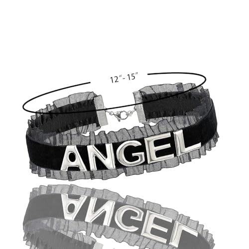 Women's Black Velvet Lace Letter Choker Collar for Halloween, 15-inch | Made of Velvet Lace Ribbon and Silver Letter Charms, Lobster-claw Closure, Daily Gothic Style, Avoid Water & Perfume - color: ANGEL
