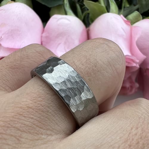 TUTISS 6mm 8mm Silver/Black/Gunmetal/Gold/Rose Gold Hammered Tungsten Rings for Men Women Couple Fashion Jewelry Engagement Wedding Bands Matte Finish Comfort Fit - color: 8mm Silver Tungsten