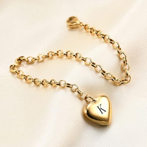 Women's 3 Pieces Heart Name Initial Necklace, Bracelet, Earrings, Jewelry Set Stainless Steel A-Z letters Jewelry Suits - color: Gold, size: K
