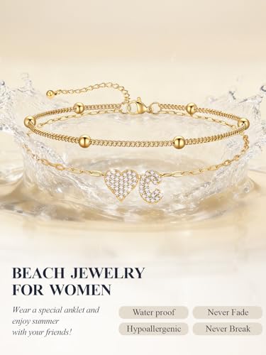 U7 Heart Initial Ankle Bracelets for Women Waterproof, Silver/14K Gold Plated Anklets CZ Initial Heart Anklets Stainless Steel Summer Beach Ankle Adjustable 8.5"-10.5" - color: Gold