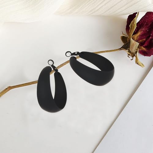 Anmpab Large Matte Round Hoop Earrings for Women Retro Geometric Pierced Neon Color Circle Dangle Earrings Party Jewelry - color: Black