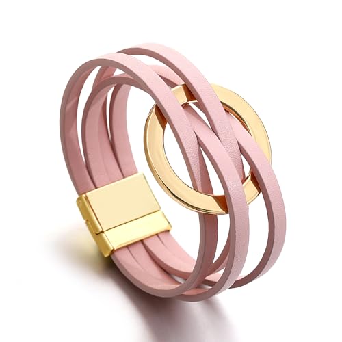 hotoo Circle Charm Bracelets for Women Handmade Leather Wrap Bracelets for Couples Friendship Bracelet Bohemian Cuff Bangle Boho Jewelry Gift - color: New Pink