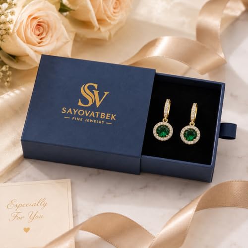 14K Gold Plated Hoop Dangle Earrings for Women, Hypoallergenic Colorful Cubic Zirconia Drop Earrings, Lightweight Huggie Earrings for Women - color: Gold/Emerald Green
