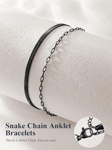 U7 Silver/Gold/Black Ankle Bracelets for Women Layered Chain Anklets | Stainless Steel Anklets Waterproof Summer Beach Anklet Charm, Adjustable 8.5"-10.5",Layered Anklet Fashion - color: Black - Flat Snake Chain+Paperclip Chain