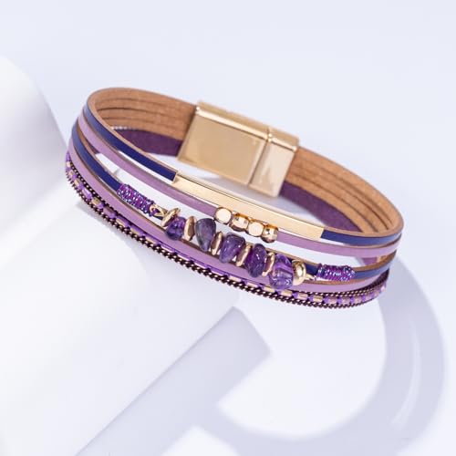 Boho Gemstone Beaded Leather Wrap Bracelets Stackable Chunky Cuff Bracelet Western Jewelry Cowboy Chic Country Concert Outfits for Women - color: Purple