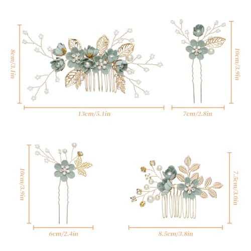 6 Pcs Bridal Hair Accessories French Hair Side Combs and Hair Pins,Gold Wedding Jewelry Headpiece with Rhinestone for Brides Bridesmaids Women Girls(Green Flower) - color: Green
