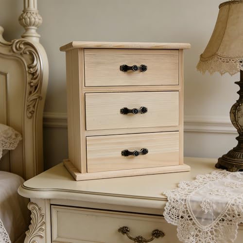 2-Pack Unfinished Solid Pine Wood Box with 3 Mini Drawers, Blank Natural Wooden Jewelry Organizer, Paintable and Carvable Storage Box for Arts, Crafts and DIY Projects