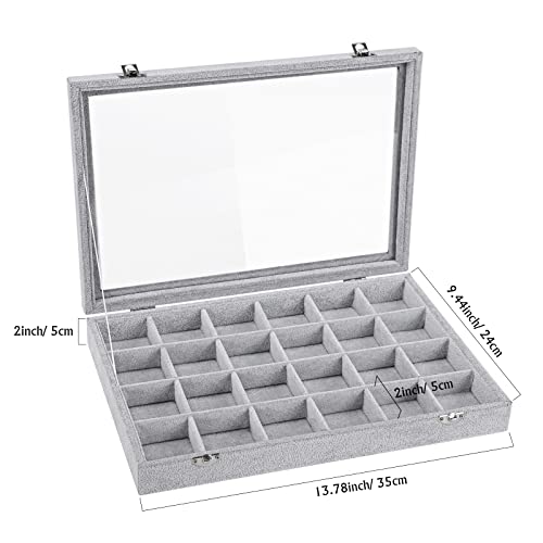 Emibele Velvet Jewelry Organizer Box, 24 Grids with Clear Lid Rings Earrings Bracelets Necklace Organizer Tray Showcase Display Jewelry Storage Case, Grey | Rings Earrings Bracelets Necklace Organizer Tray Showcase Display Jewelry Storage Case with Detach