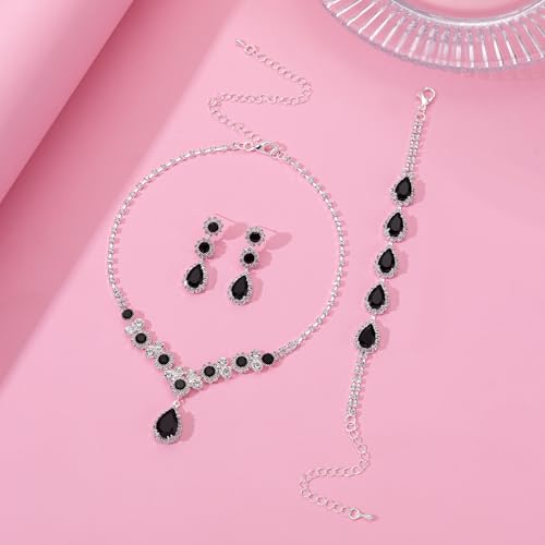 Paxuan Silver/Gold Rhinestone Crystal Wedding Bridal Bridesmaids Earrings Bracelet Set for Women Brides Bridesmaids Crystal Rhinestone Bracelet Earrings Set for Wedding Bridal Prom Pageant - color: Black