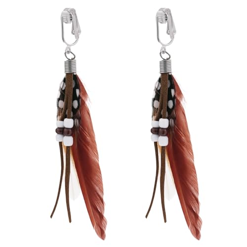 Aloha Earrings-Clip On Real Feather Earrings-Dangle Clip On Earrings Tassel Long Clip Earrings Bohemian - color: Brown Feathers