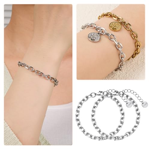 UMAOKANG 10 Pack Stainless Steel Bracelet Chain Bulk for Jewelry Making | Silver Chunky Cable Hand Chain Bracelets for Men and Women Charm Permanent Bracelet Kit - color: 10pcs Cable Steel