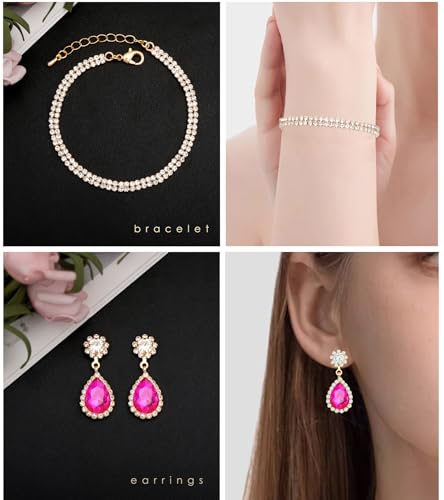 Elegant Silver Crystal Wedding Necklace Earrings Bracelet Jewelry Set for Women Brides Bridesmaids Prom Party Costume Accessory Bridal Jewelry - color: gold tone-hot pink
