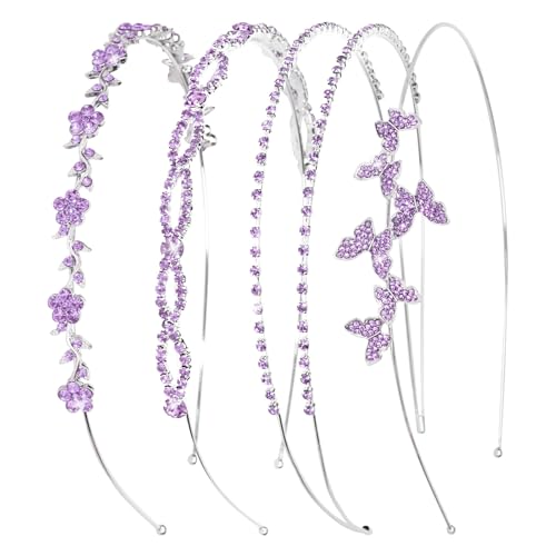 Wecoe 4 Pcs Purple Rhinestone Headband Flower Girl Bridal Wedding Headband Crystal Headpiece Flower Leaf Butterfly Metal Hairband Hair Accessories for Women Girls Gifts - color: Silver band & purple rhinestones