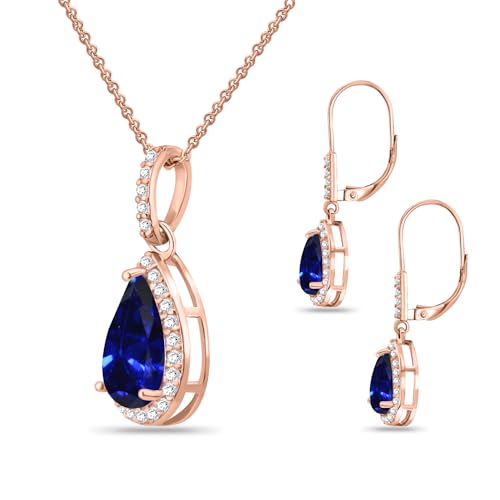 Jewelry Sets for Women, Necklace and Earring Sets for Women, Birthstone Jewelry, Genuine or Synthetic Gemstones, Teardrop Necklace and Dangle Earrings, Pendant Necklace, Sterling Silver Jewelry - color: Created Blue Sapphire - Rose Gold